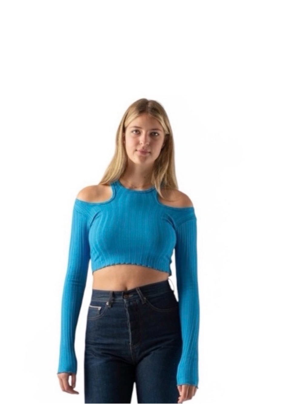 Simon Miller Bright Blue Off-the-Shoulder Ribbed Crop Sweater